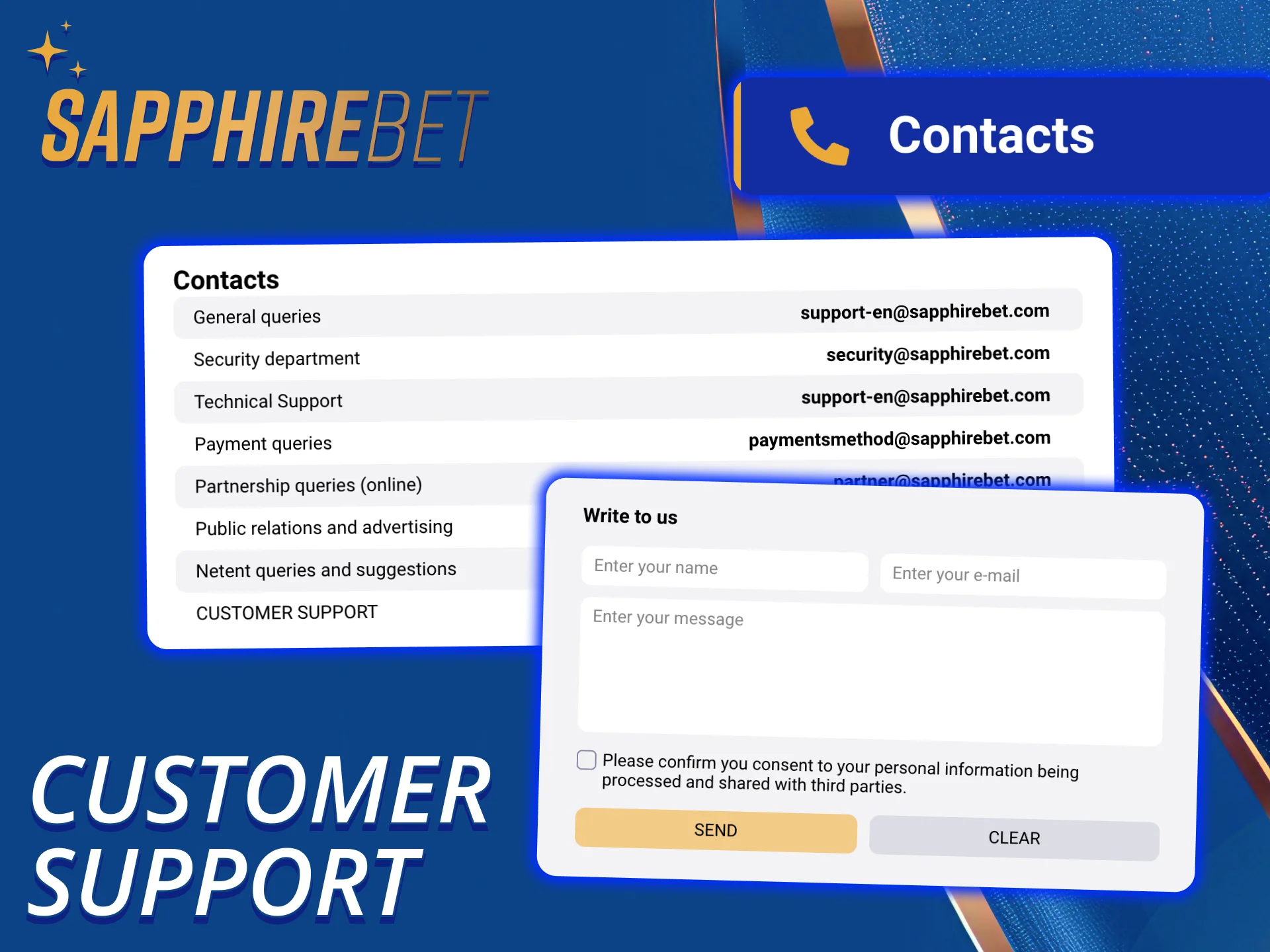 SapphireBet support is ready to help and answer any questions.