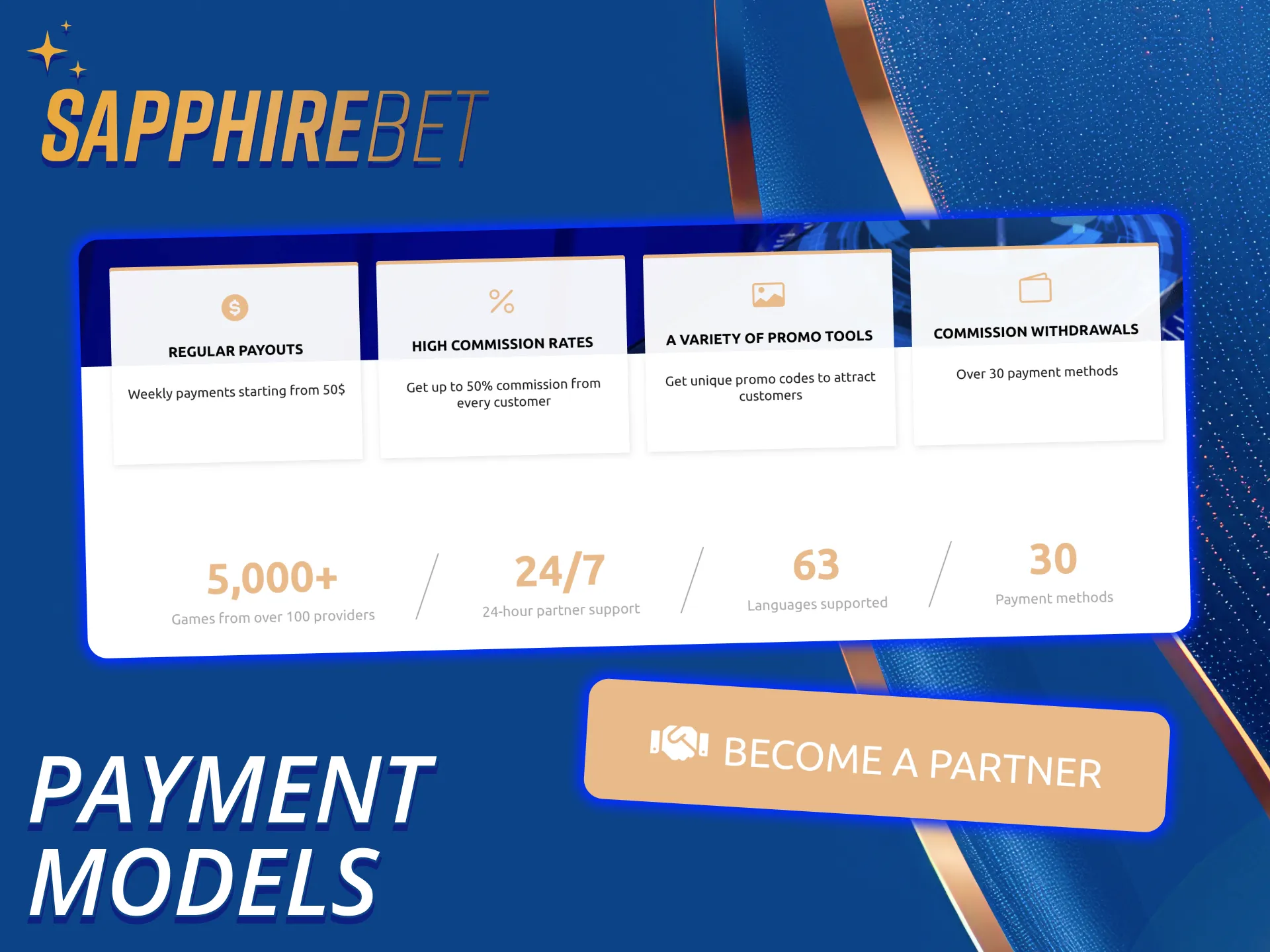 SapphireBet Affiliate Program offers various traffic payment models.