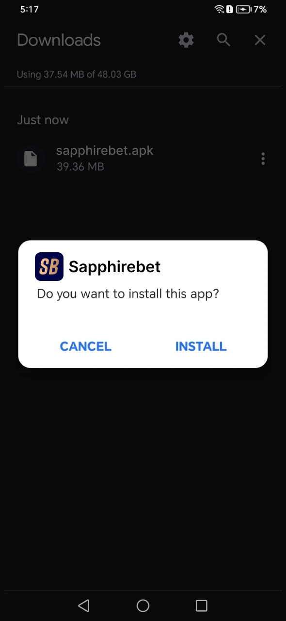 Install the SapphireBet apk on your Android device.