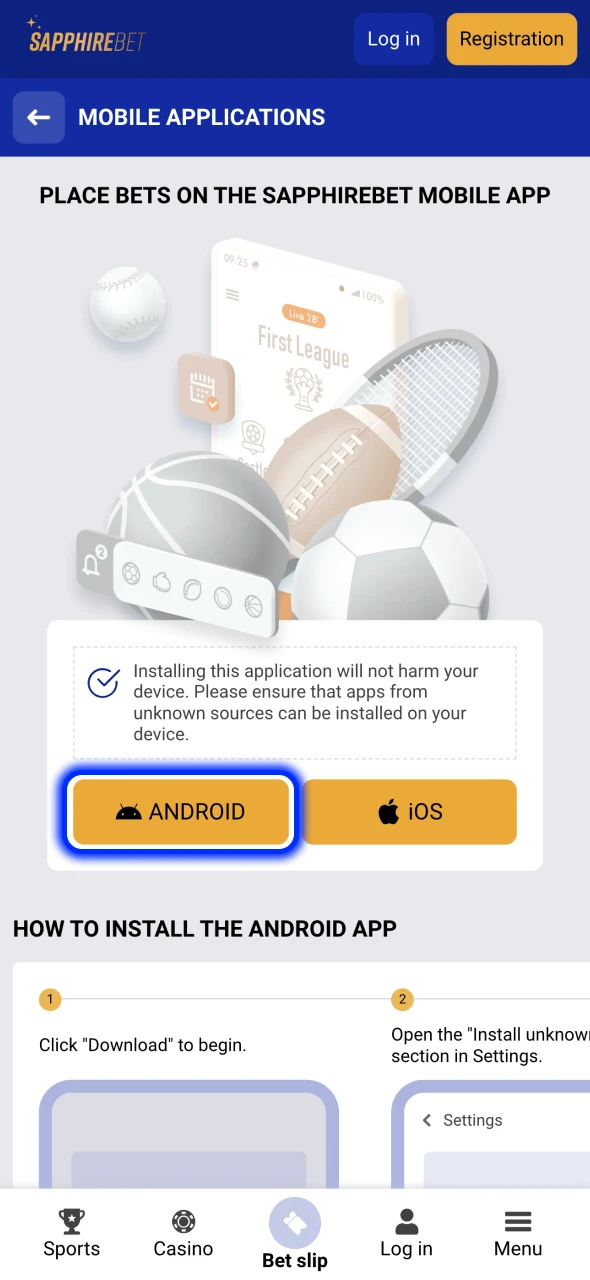 Open the SapphireBet download page and click on Android.