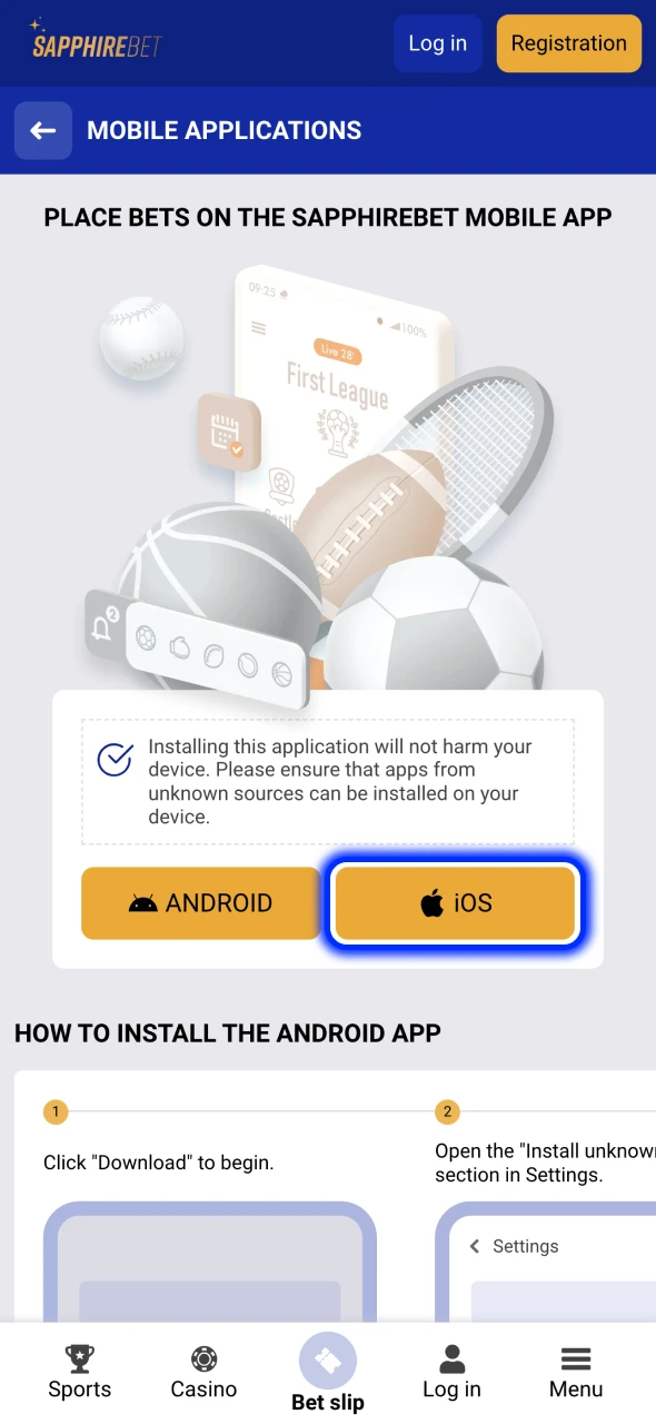 Click on iOS button to start downloading SapphireBet app.