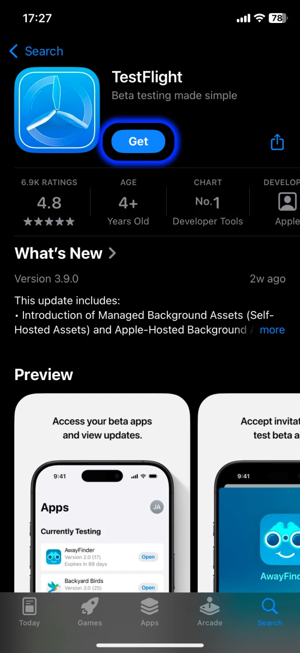 Go to the App Store and install the Testflight app.