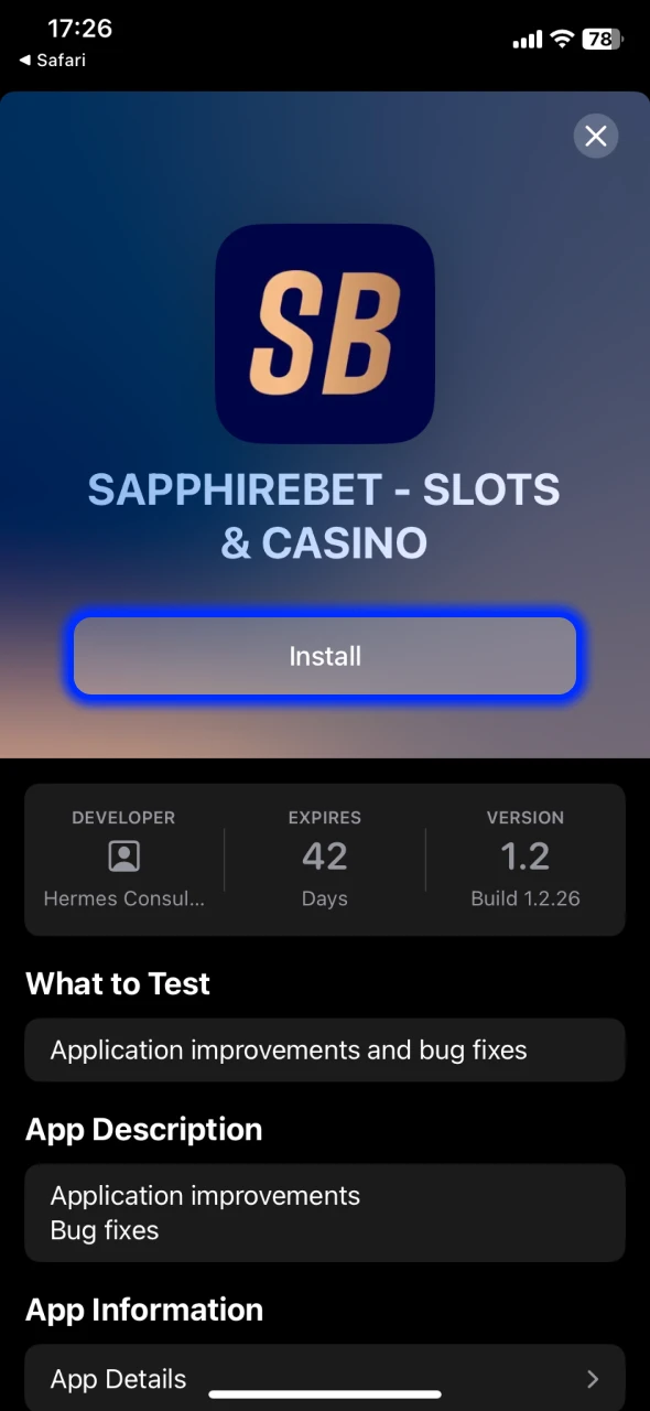 Open the Testflight and install Sapphire betting app.