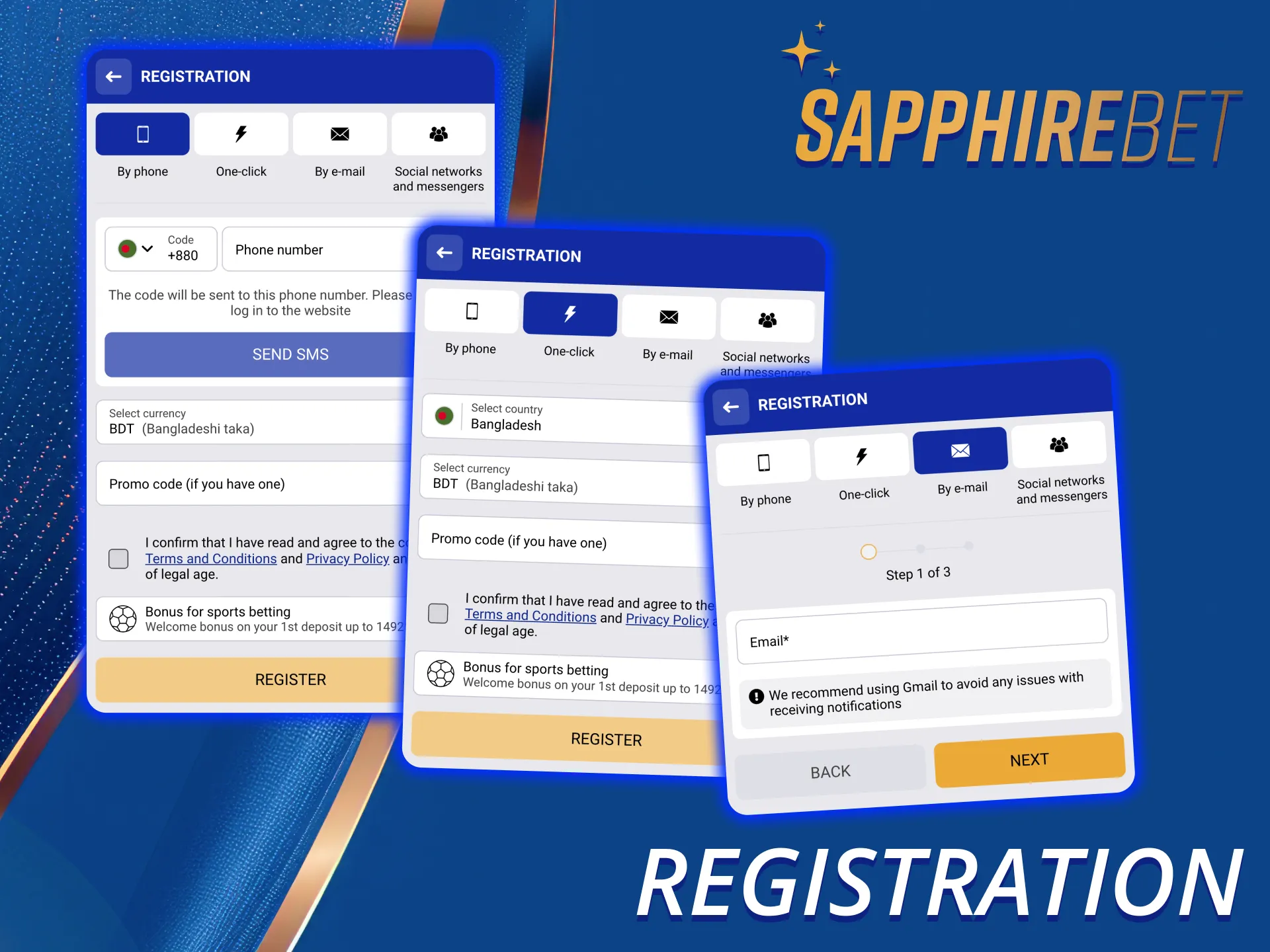 You can complete SapphireBet registration process through the app.