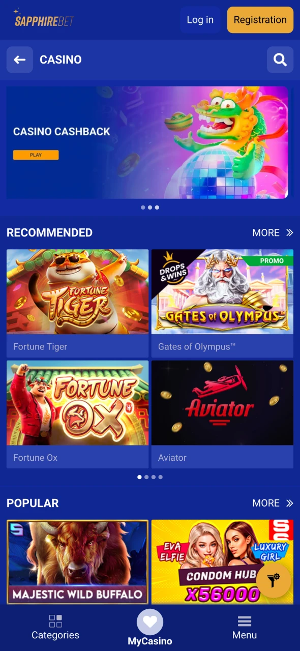 Play casino games directly through SapphireBet app.