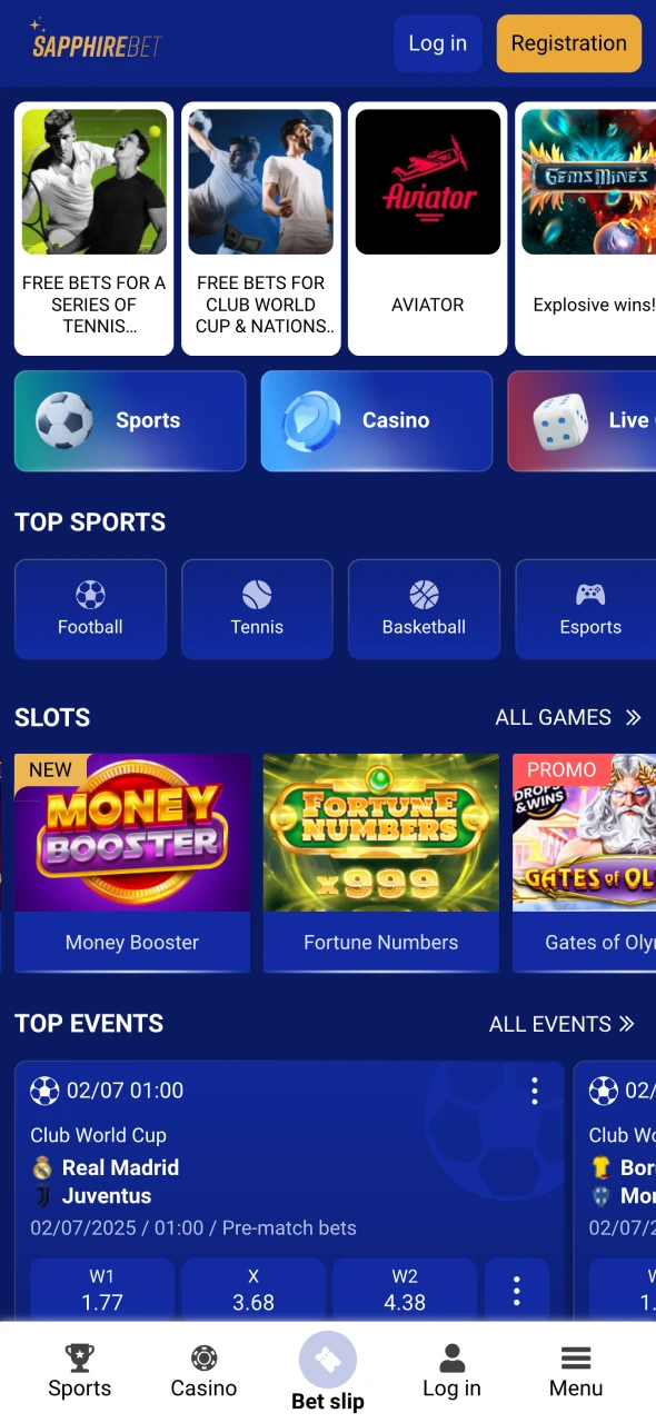 Go to the main page of SapphireBet official app.
