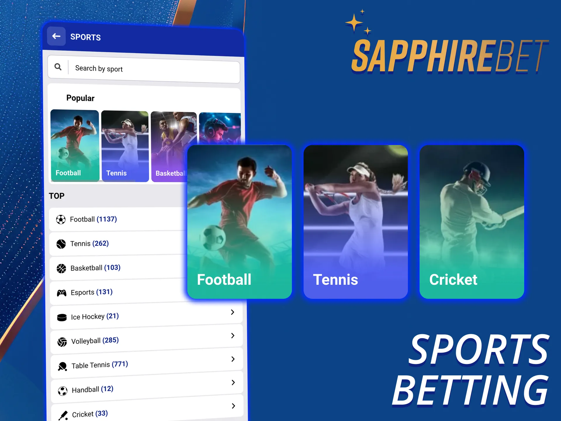 Choose from various sports categories on SapphireBet app.