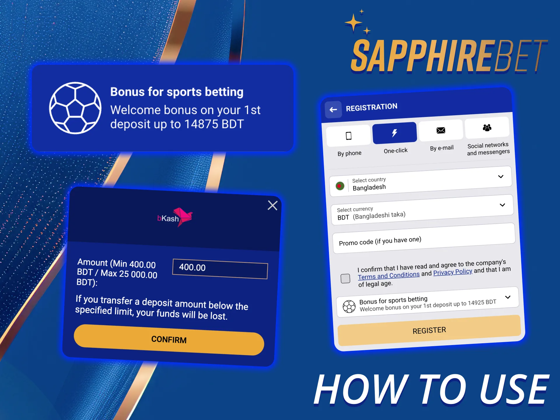 Follow these steps to activate SapphireBet bonus.
