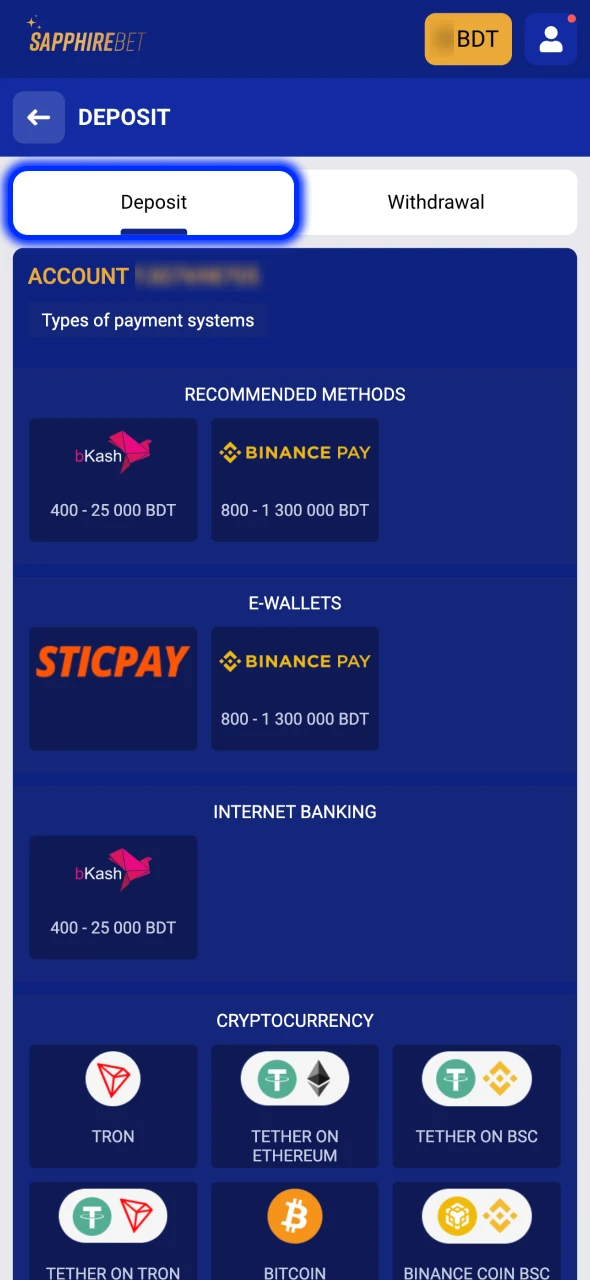 Navigate to SapphireBet cashier section and select the deposit.