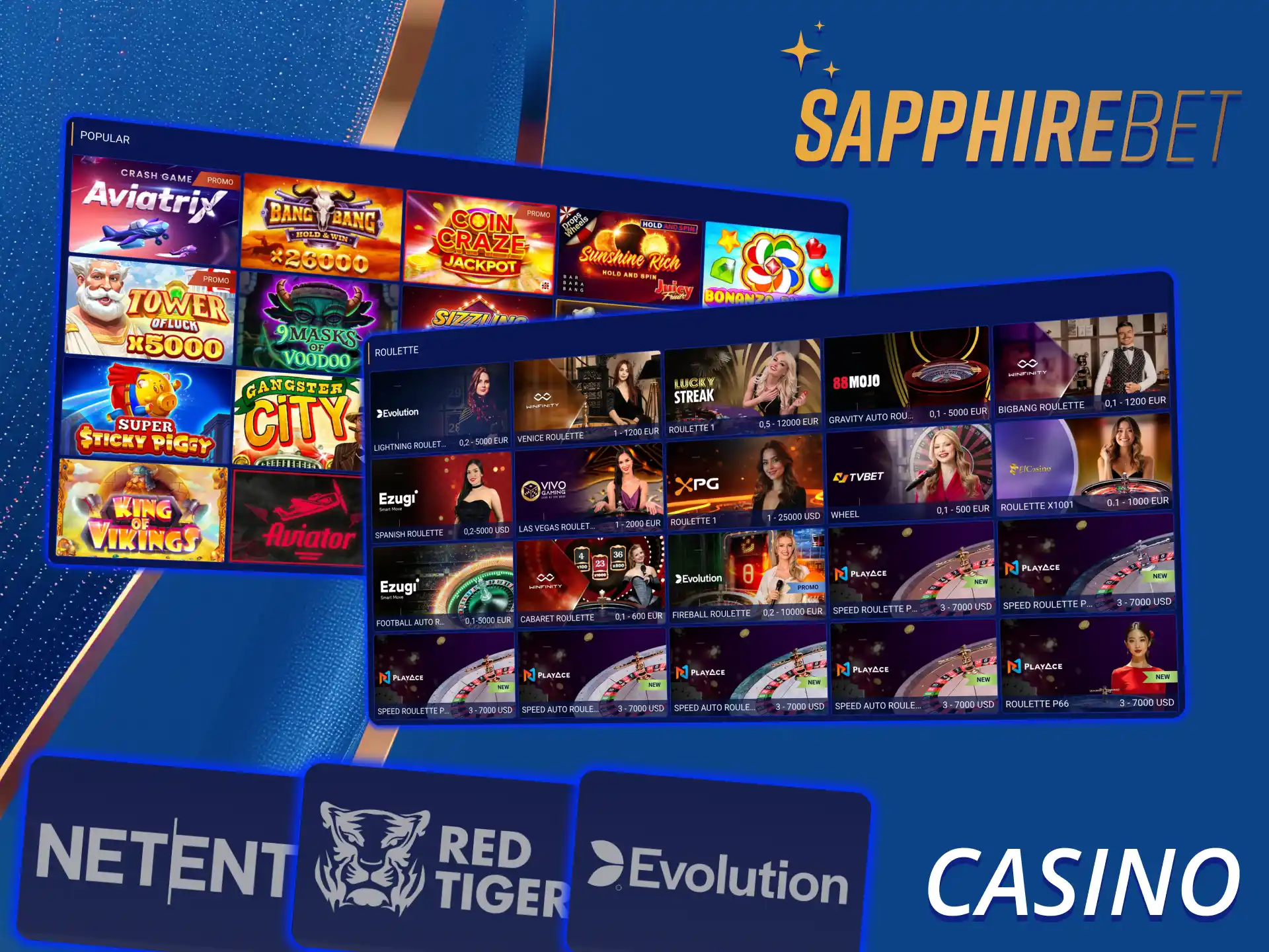 Enjoy your favourite casino games at SapphireBet platform.