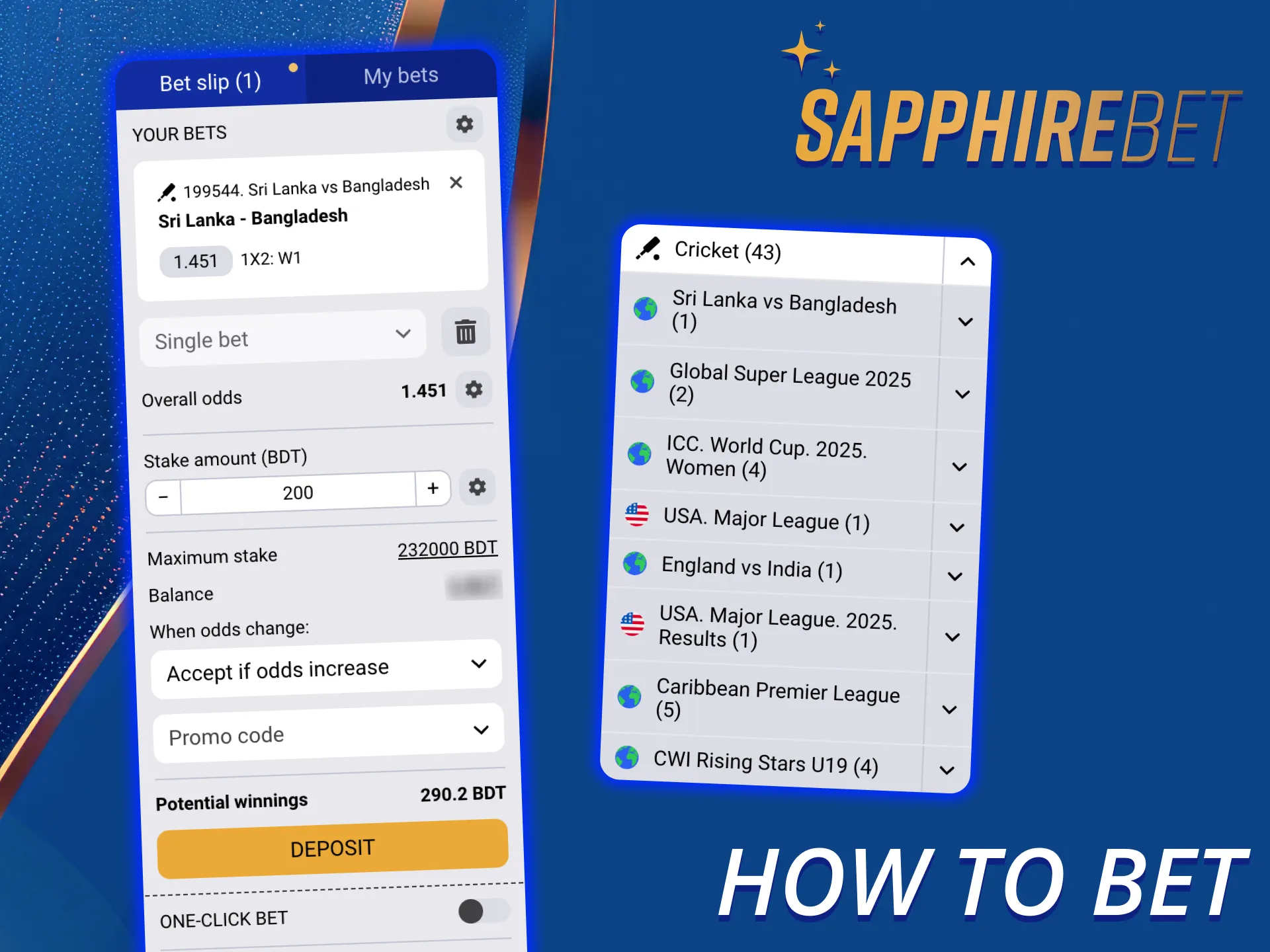Complete a few actions to place your bet at SapphireBet.