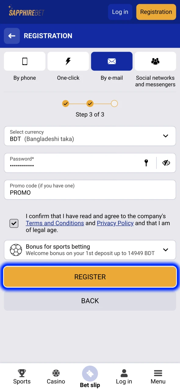 Confirm your new SapphireBet account.