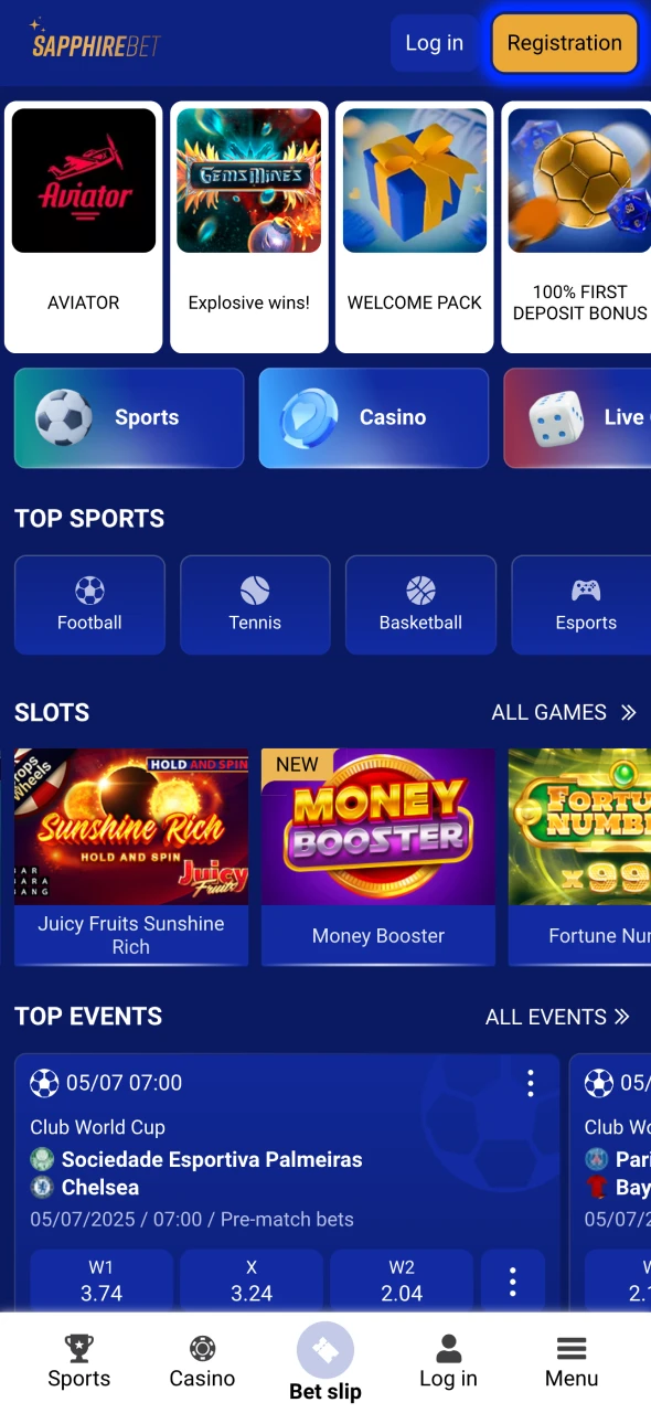 Click the yellow registration button on SapphireBet website.