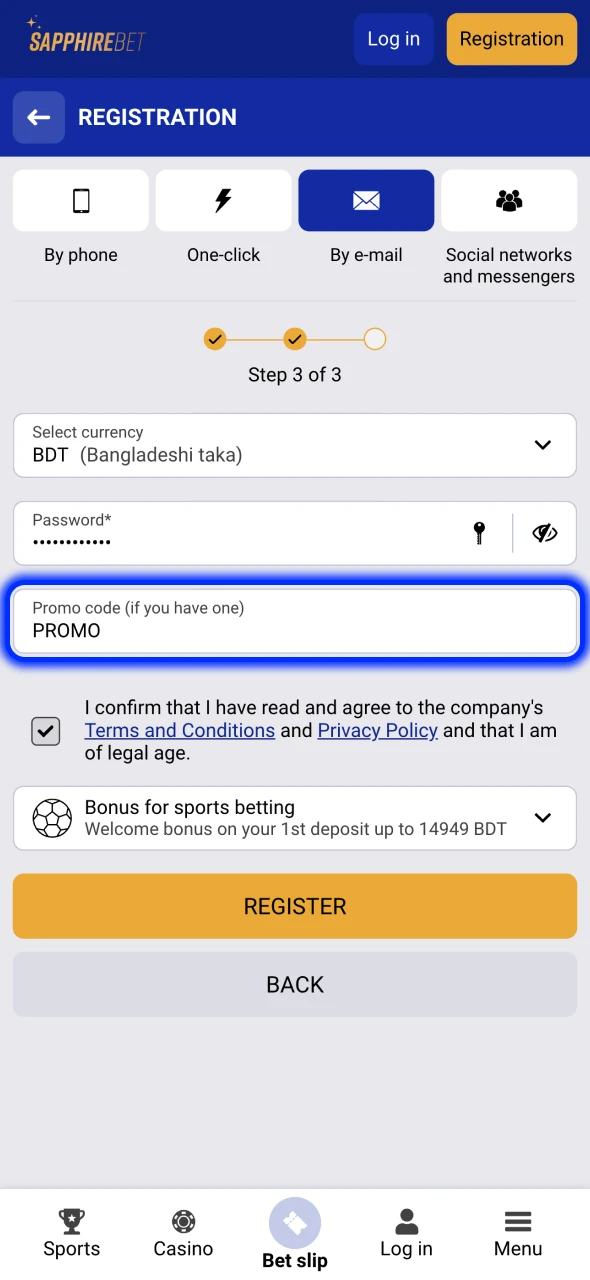 Enter the promo code in the box at SapphireBet.