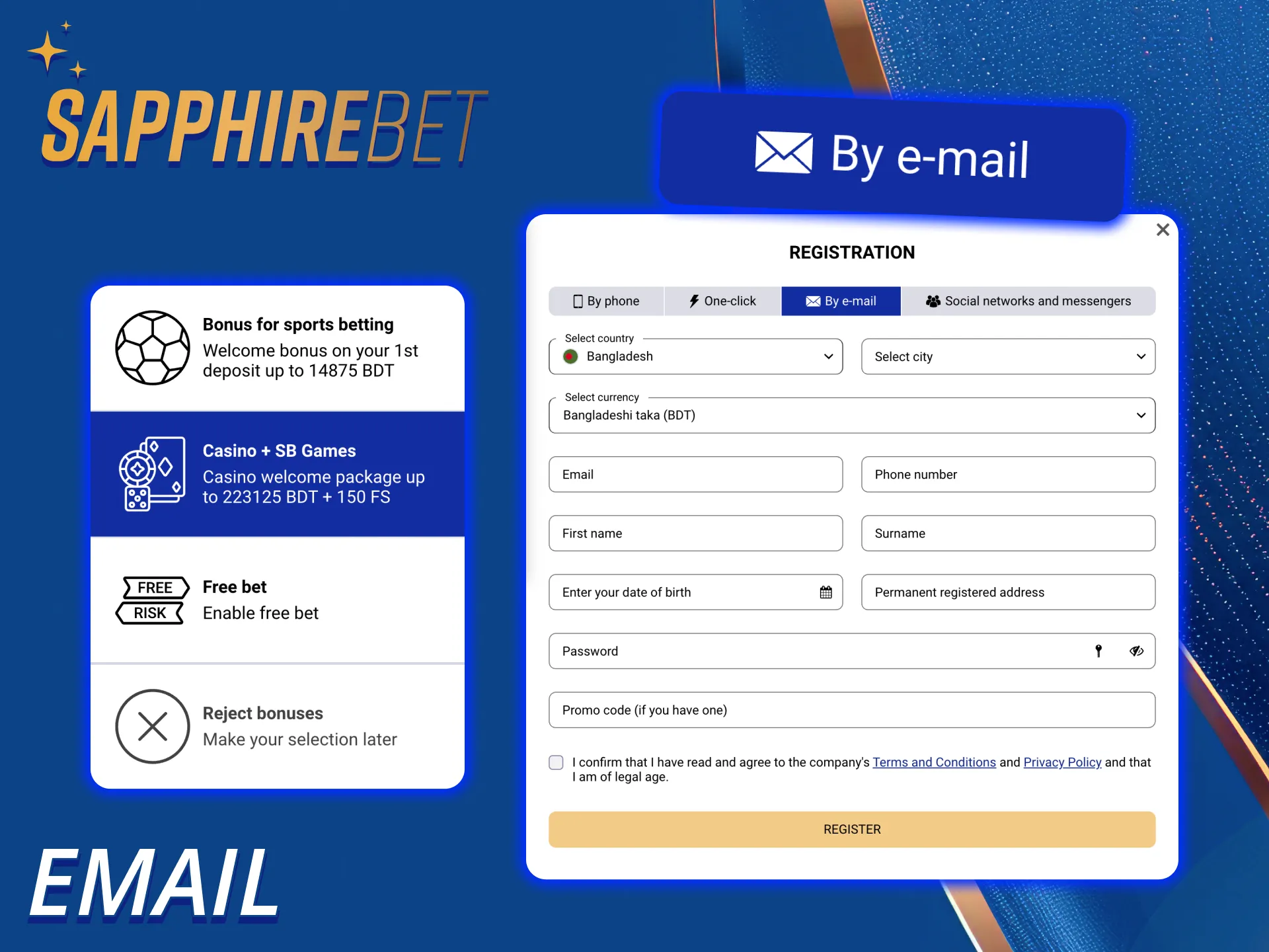 Email registration at SapphireBet offers a more detailed setup.