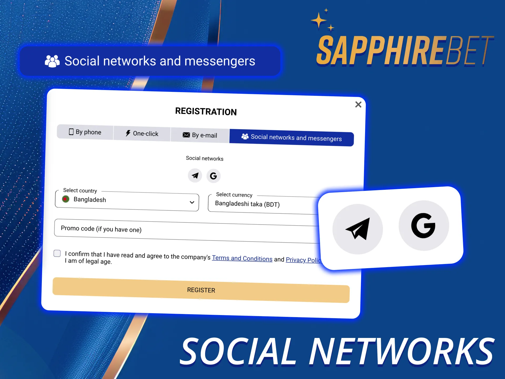 Link a social account for a quicker SapphireBet registration process.