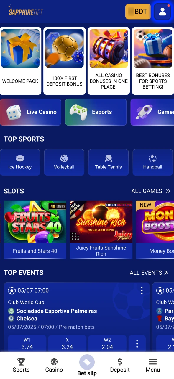 Open your account menu at SapphireBet official platform.