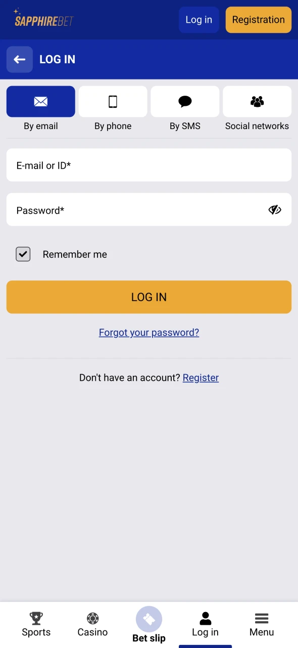 Enter your details to access your SapphireBet account.