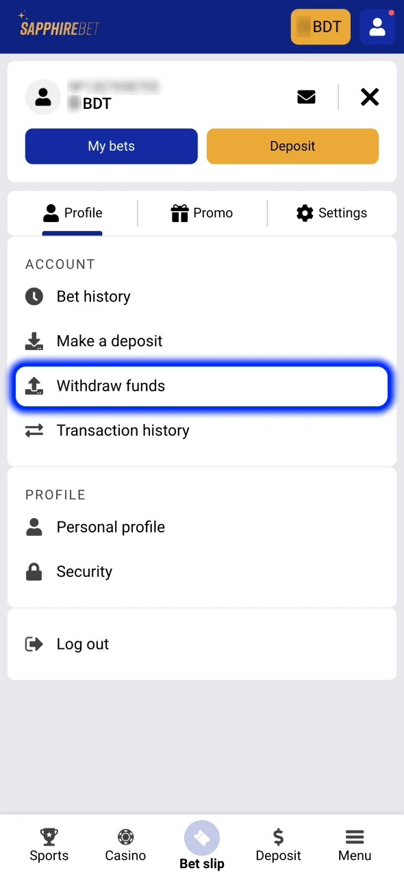 Enter the withdrawal section at your SapphireBet account.